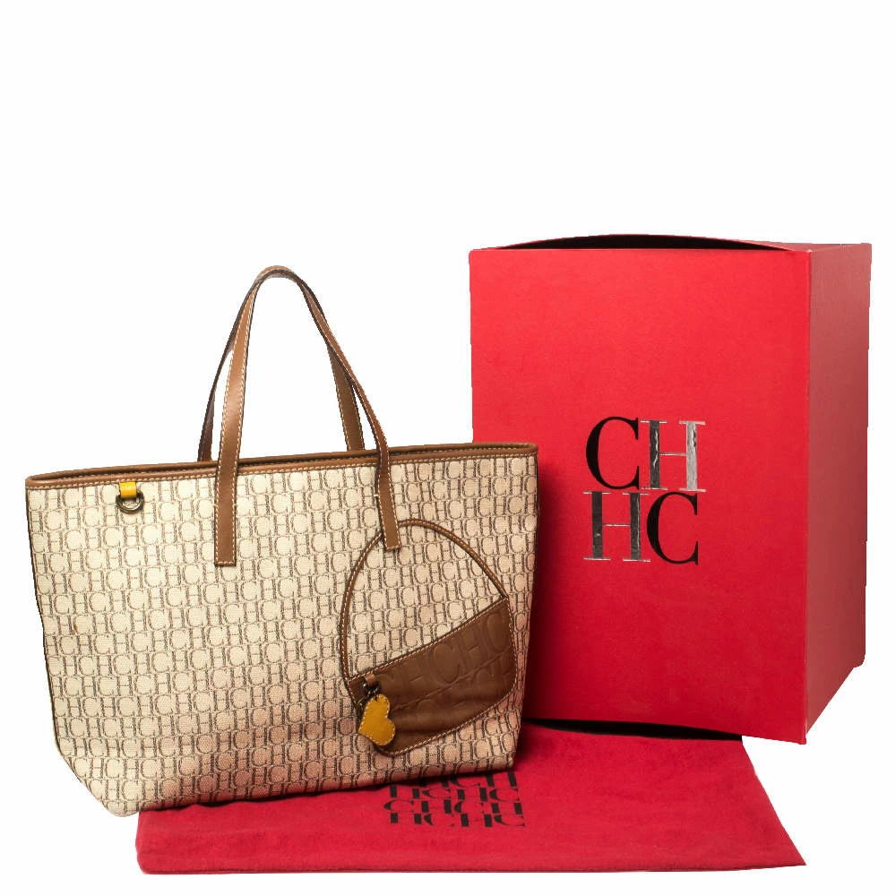 Carolina Herrera Beige/Brown Monogram Coated Canvas and Leather Charm Tote Women