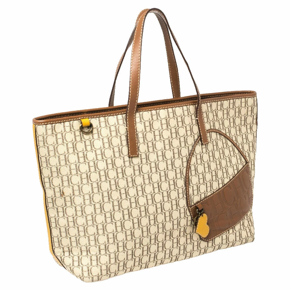 Carolina Herrera Beige/Brown Monogram Coated Canvas and Leather Charm Tote Women
