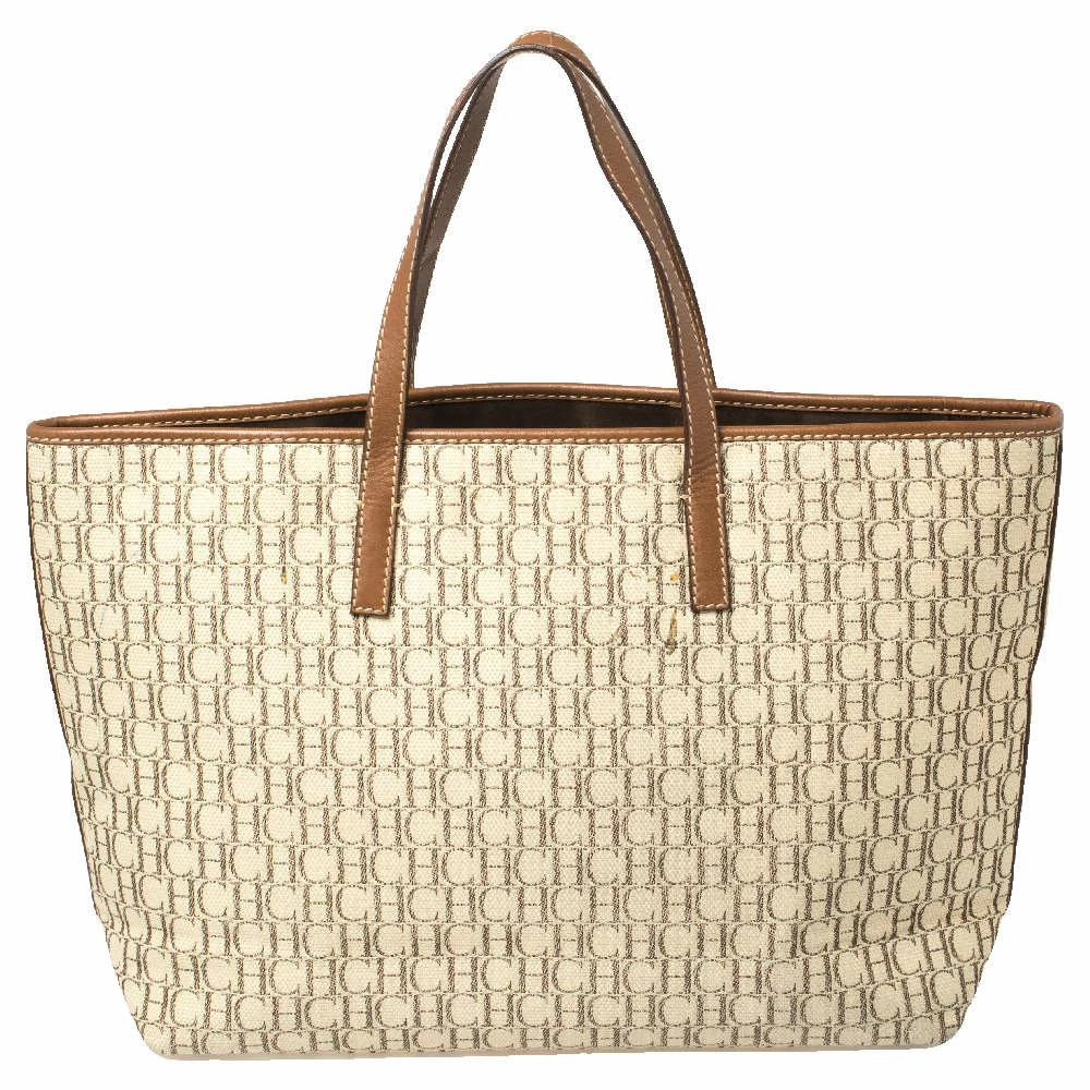Carolina Herrera Beige/Brown Monogram Coated Canvas and Leather Charm Tote Women