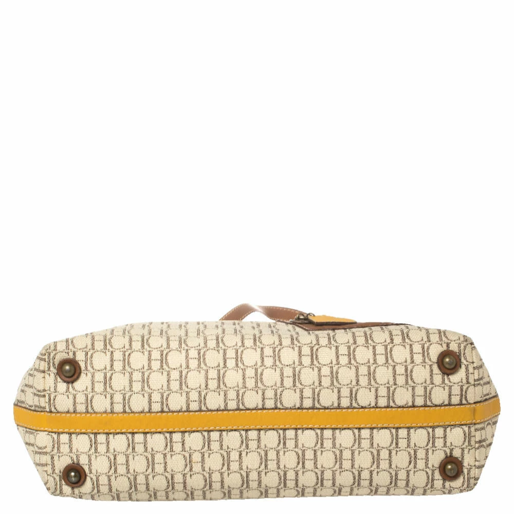 Carolina Herrera Beige/Brown Monogram Coated Canvas and Leather Charm Tote Women