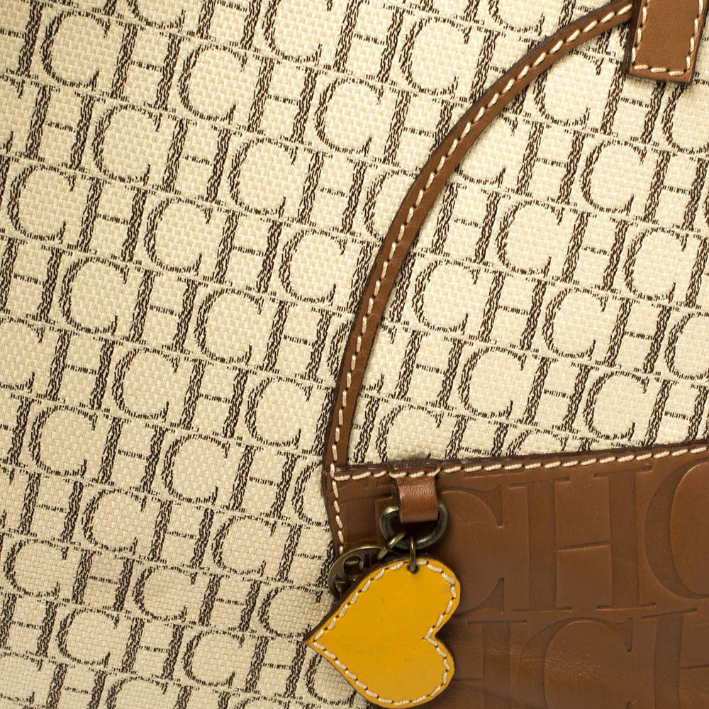 Carolina Herrera Beige/Brown Monogram Coated Canvas and Leather Charm Tote Women