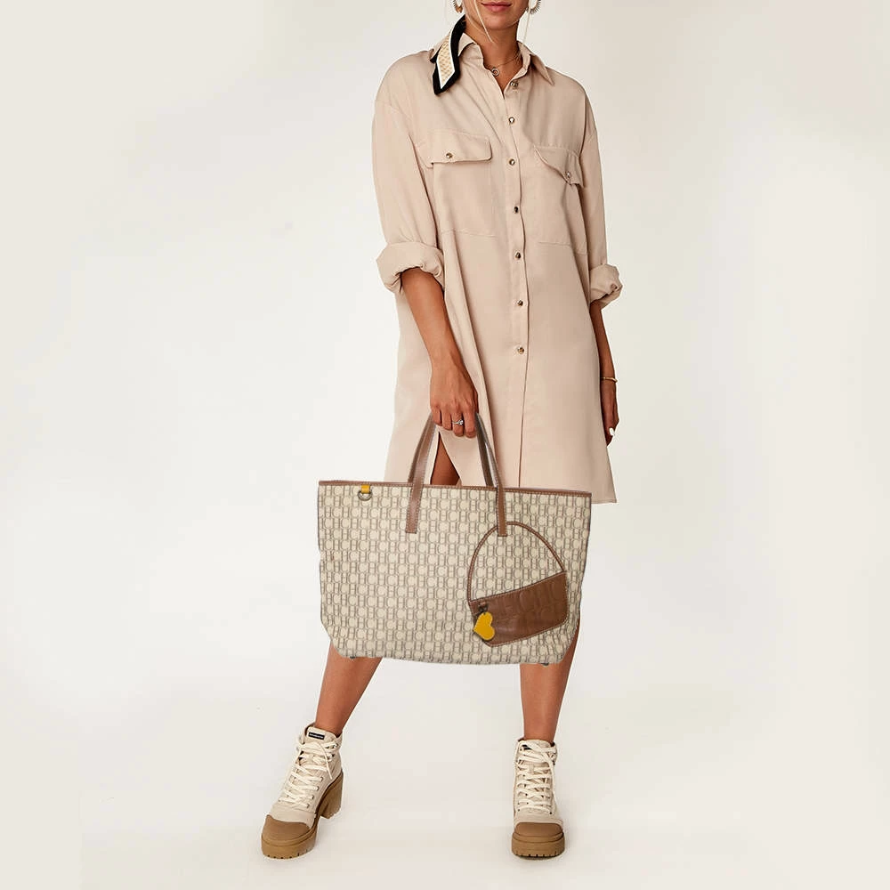 Carolina Herrera Beige/Brown Monogram Coated Canvas and Leather Charm Tote Women