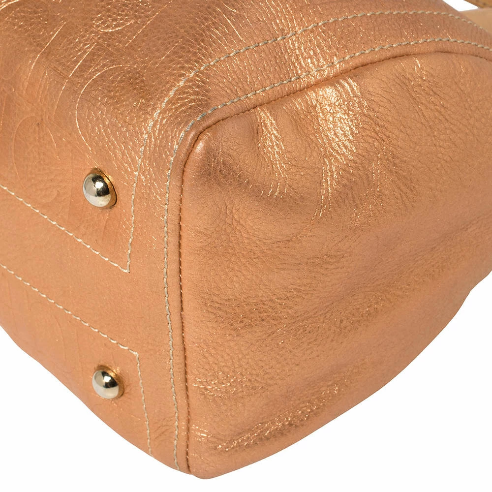 Carolina Herrera Metallic Rose Gold Embossed Leather Andy Boston Bag Women