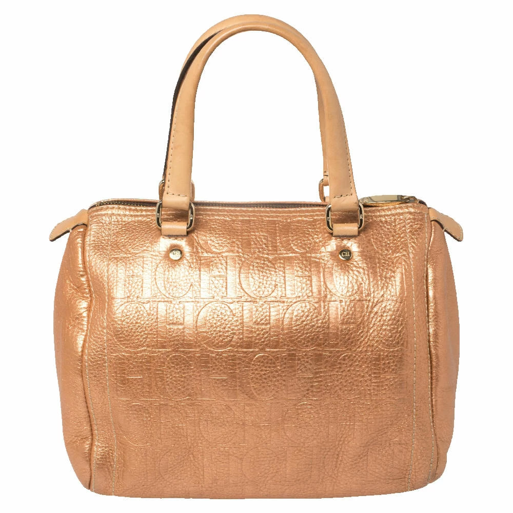 Carolina Herrera Metallic Rose Gold Embossed Leather Andy Boston Bag Women