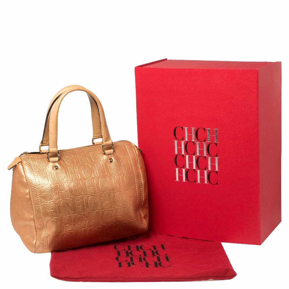 Carolina Herrera Metallic Rose Gold Embossed Leather Andy Boston Bag Women