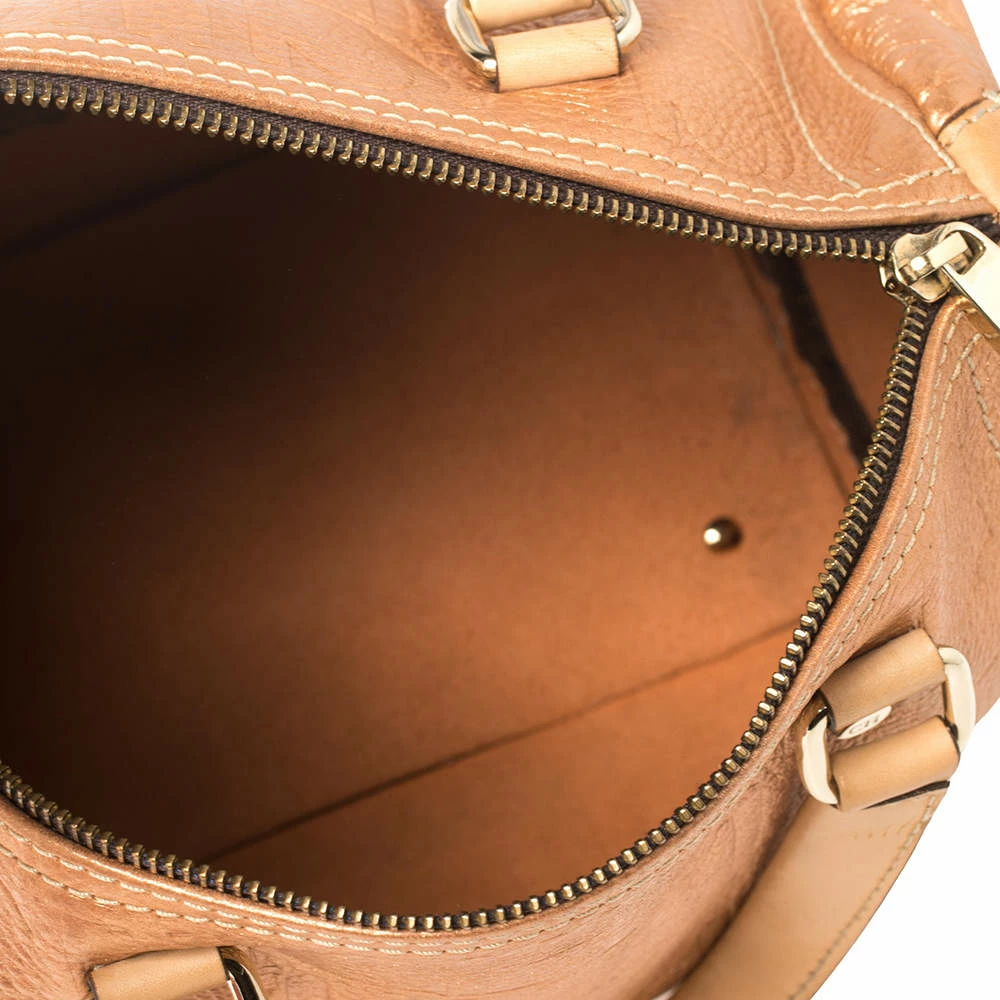 Carolina Herrera Metallic Rose Gold Embossed Leather Andy Boston Bag Women