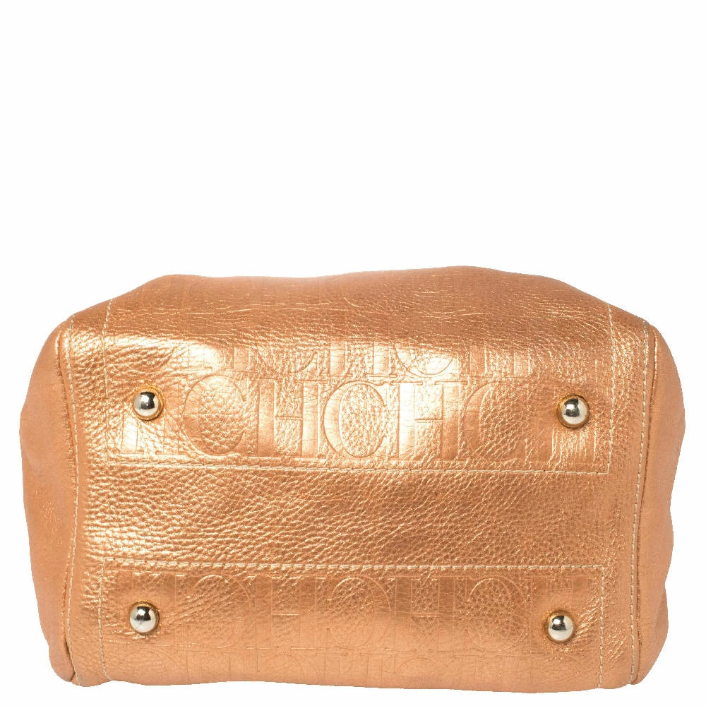 Carolina Herrera Metallic Rose Gold Embossed Leather Andy Boston Bag Women