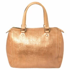 Carolina Herrera Metallic Rose Gold Embossed Leather Andy Boston Bag Women