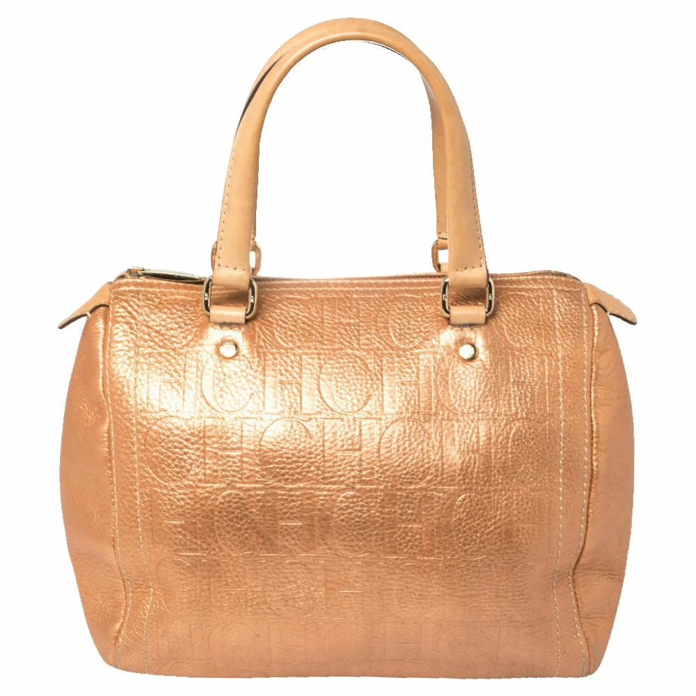 Carolina Herrera Metallic Rose Gold Embossed Leather Andy Boston Bag Women