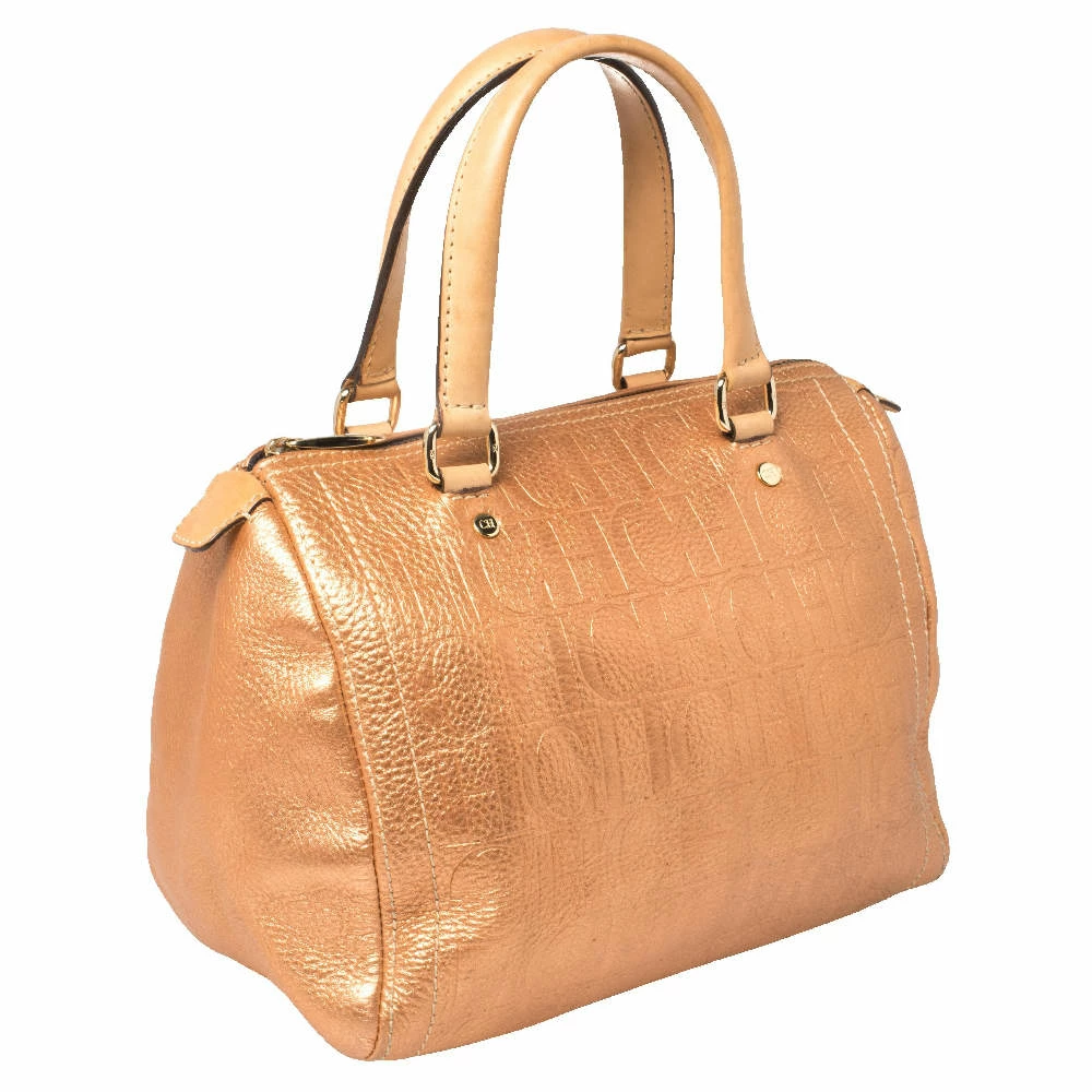 Carolina Herrera Metallic Rose Gold Embossed Leather Andy Boston Bag Women
