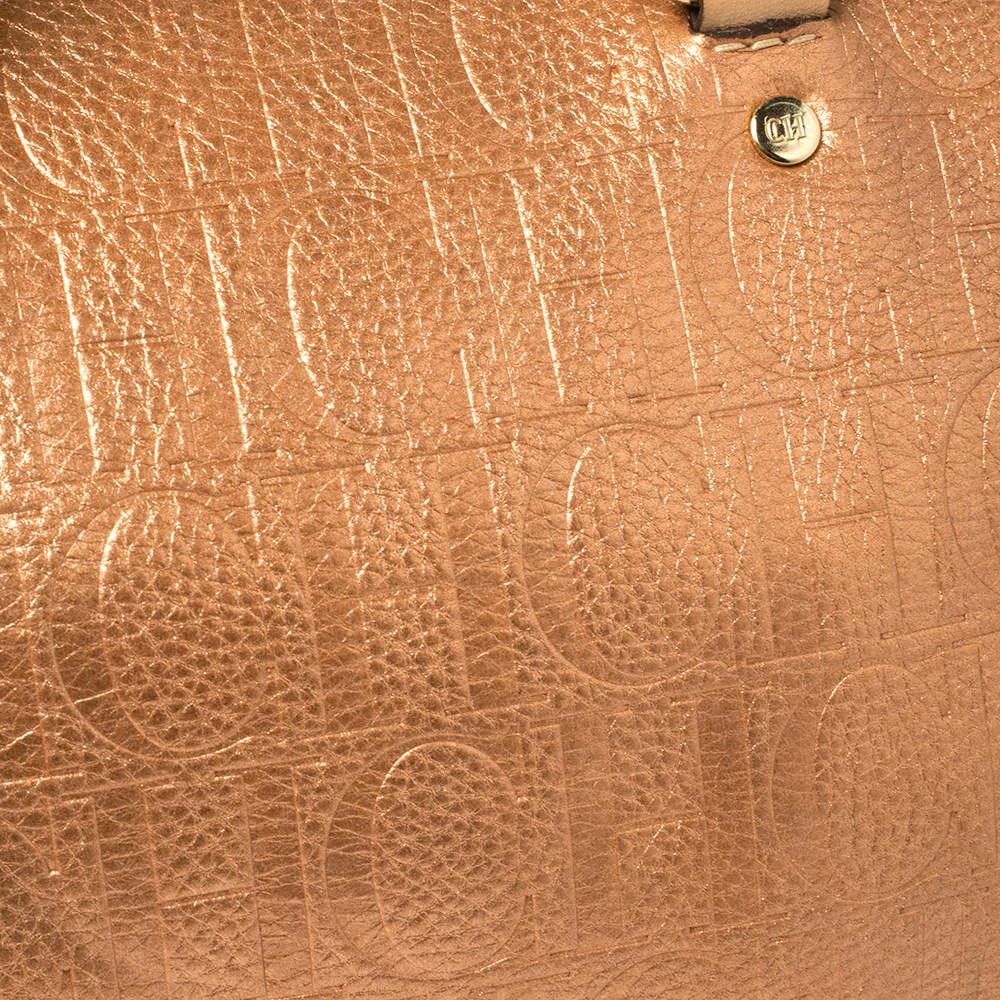 Carolina Herrera Metallic Rose Gold Embossed Leather Andy Boston Bag Women
