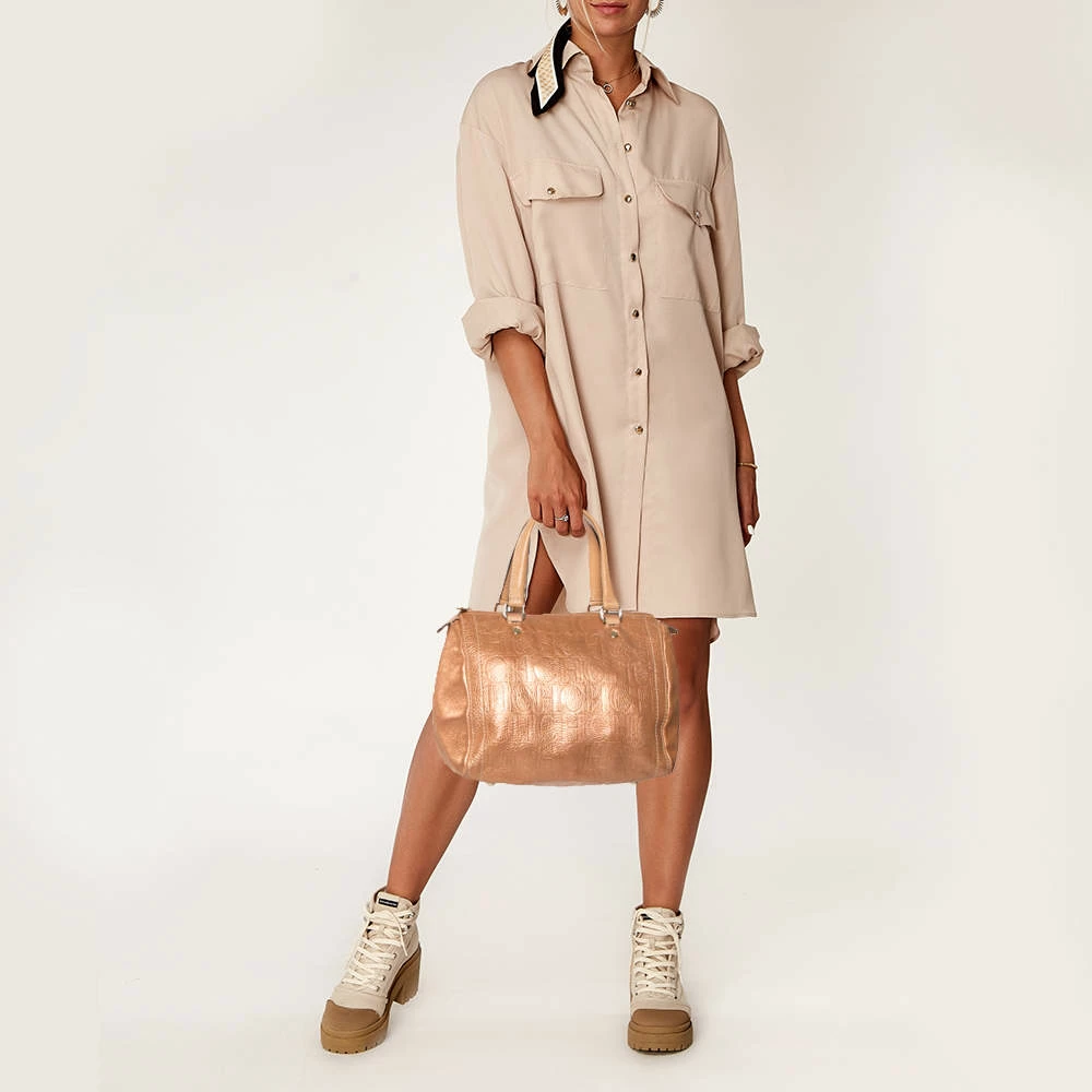 Carolina Herrera Metallic Rose Gold Embossed Leather Andy Boston Bag Women