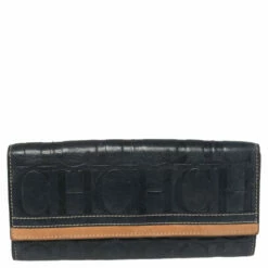 Carolina Herrera Blue/Tan Embossed Leather Flap Wallet Women