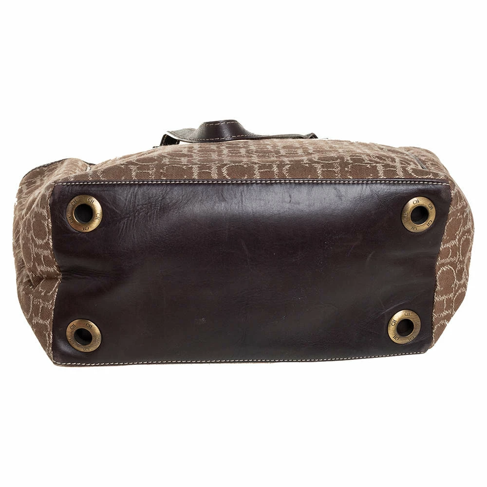 Carolina Herrera Beige/Dark Brown Monorgam Fabric and Leather Open Tote Women