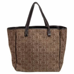 Carolina Herrera Beige/Dark Brown Monorgam Fabric And Leather Open Tote Women