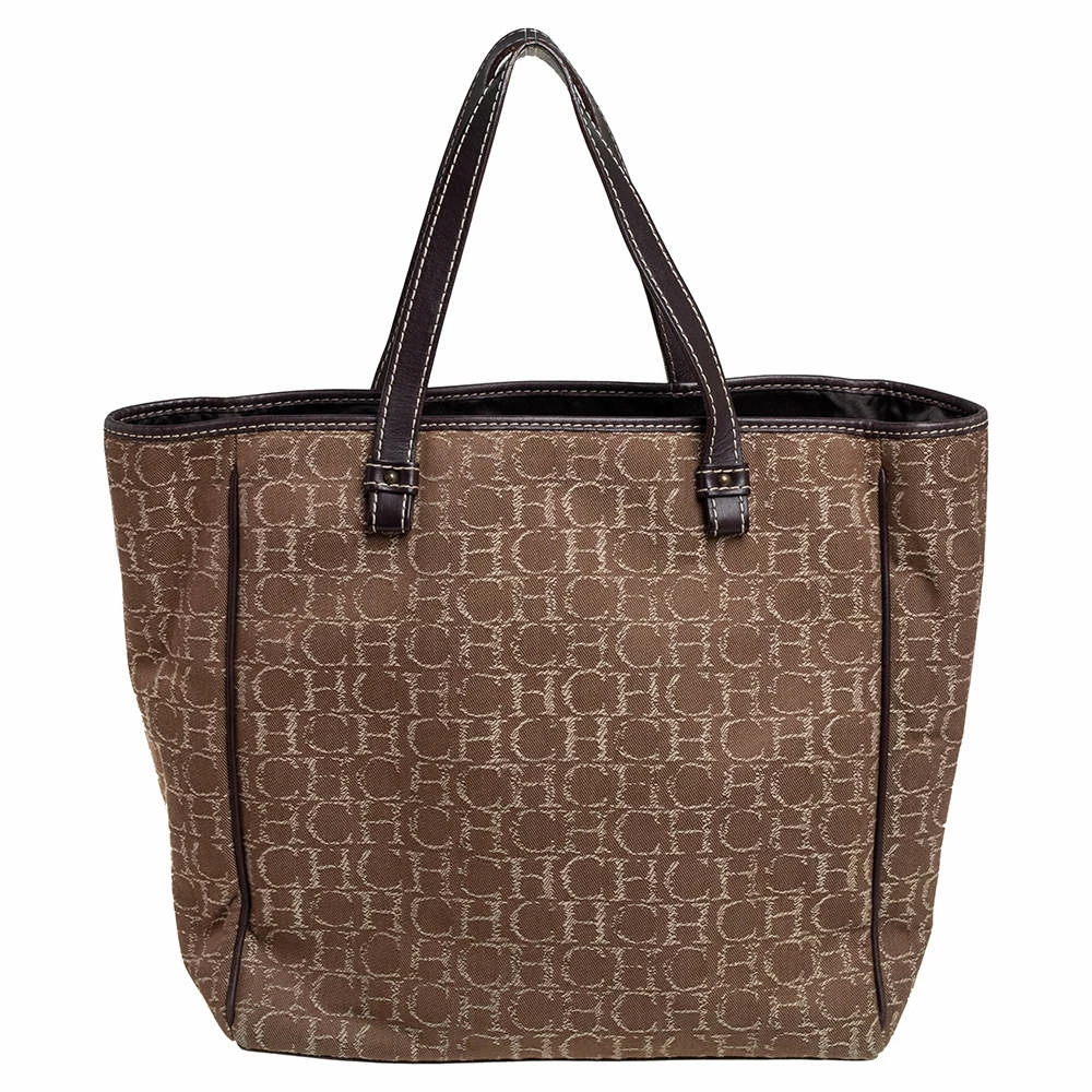 Carolina Herrera Beige/Dark Brown Monorgam Fabric and Leather Open Tote Women