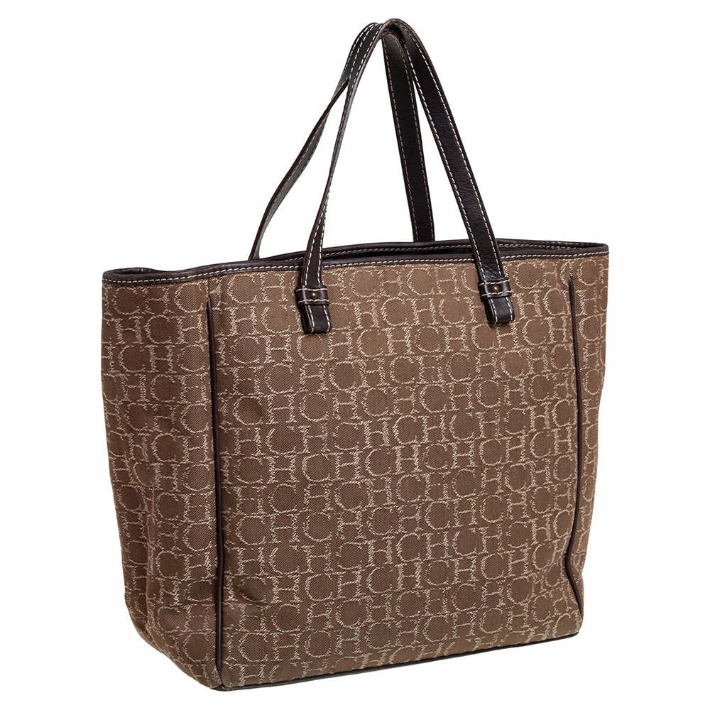 Carolina Herrera Beige/Dark Brown Monorgam Fabric and Leather Open Tote Women