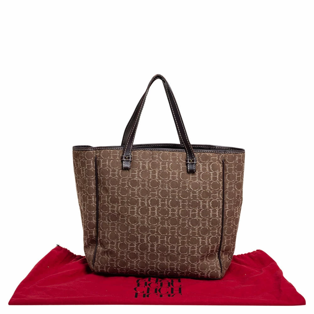 Carolina Herrera Beige/Dark Brown Monorgam Fabric and Leather Open Tote Women