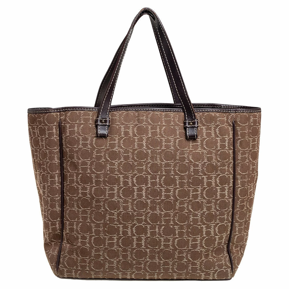 Carolina Herrera Beige/Dark Brown Monorgam Fabric and Leather Open Tote Women
