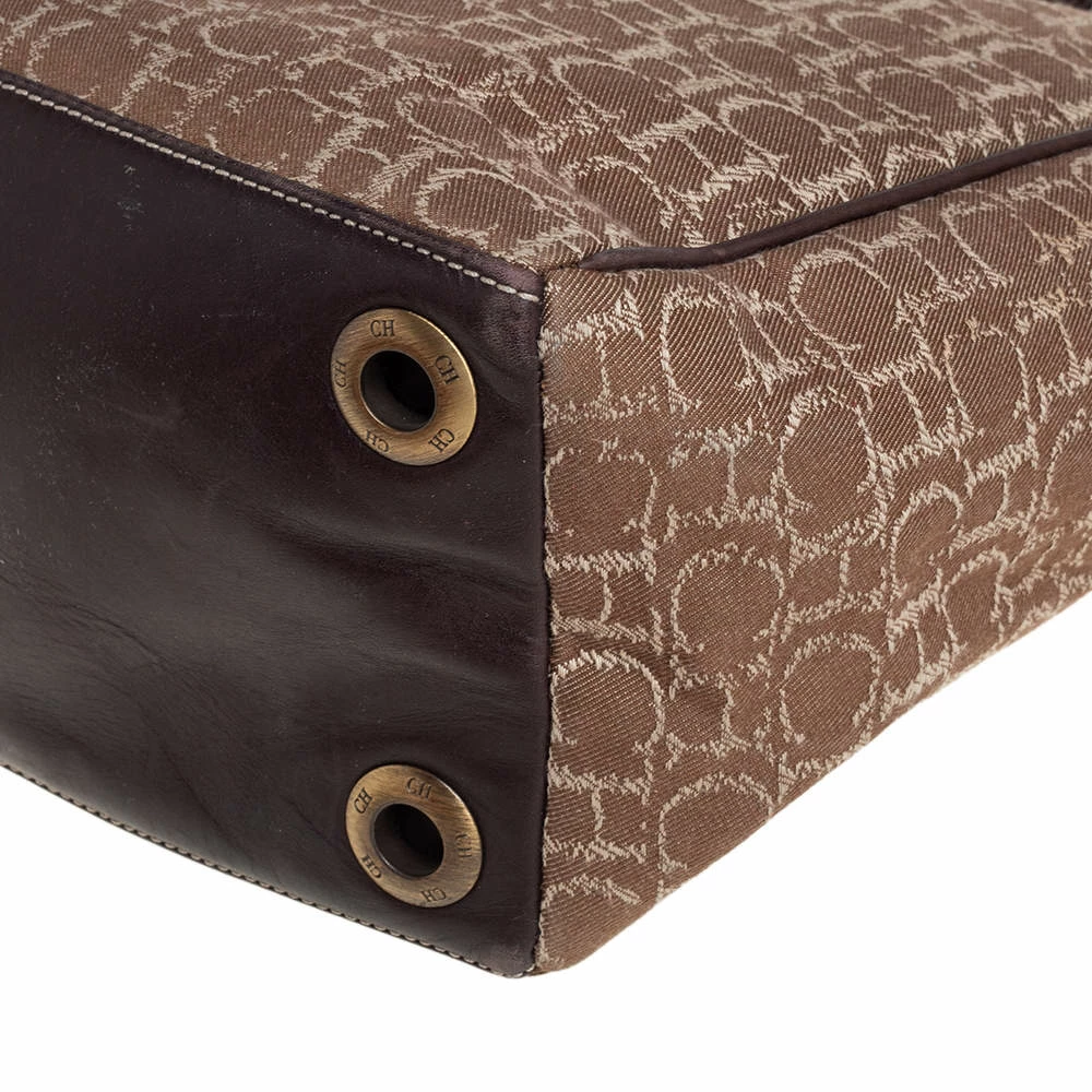 Carolina Herrera Beige/Dark Brown Monorgam Fabric and Leather Open Tote Women