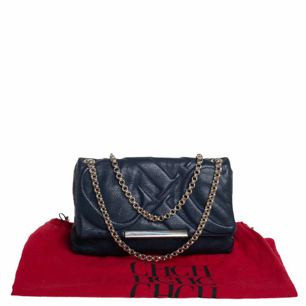 Carolina Herrera Blue Quilted Leather Flap Chain Shoulder Bag Women
