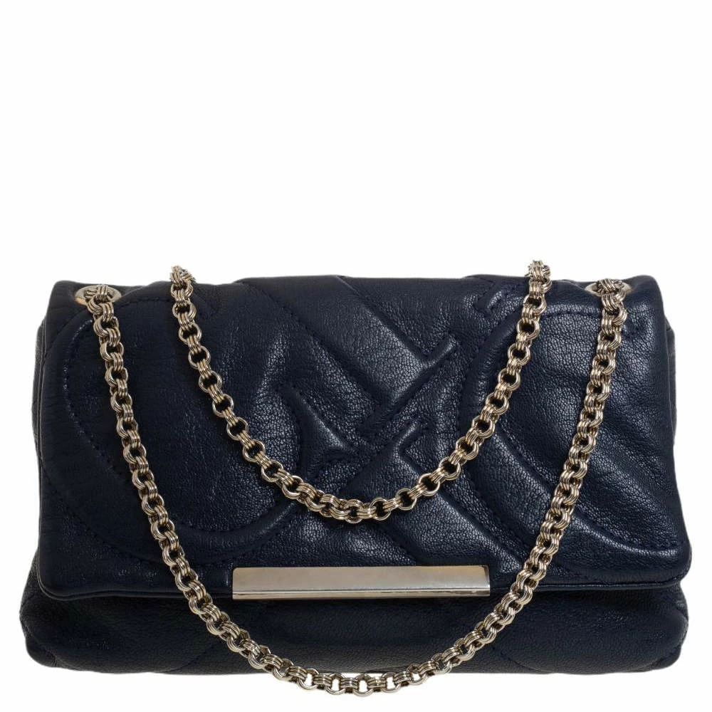 Carolina Herrera Blue Quilted Leather Flap Chain Shoulder Bag Women