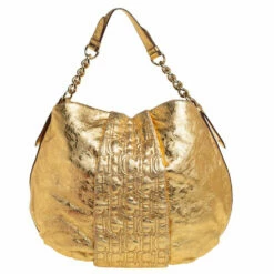 Carolina Herrera Gold Metallic Monogram Leather Chain Hobo Women