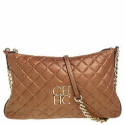 Carolina Herrera Metallic Beige Leather Chain Shoulder Bag Women