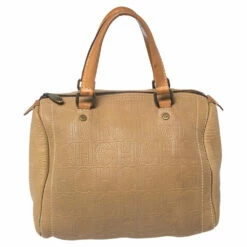 Carolina Herrera Beige Monogram Leather Medium Andy Boston Bag Women
