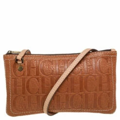 Carolina Herrera Tan Embossed Leather Shoulder Bag Women