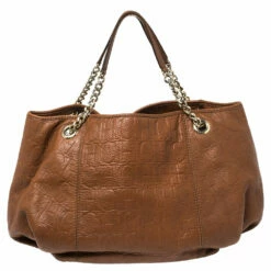 Carolina Herrera Brown Embossed Monogram Leather Chain Hobo Women