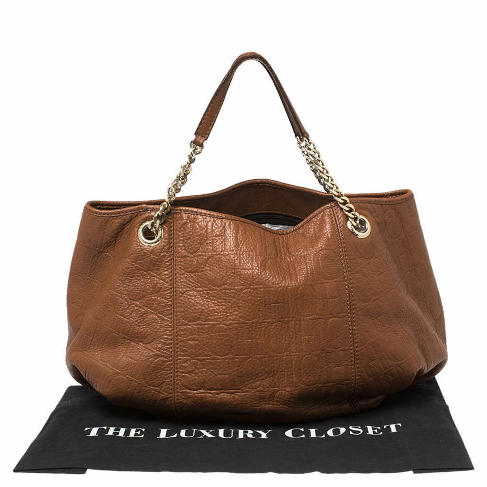 Carolina Herrera Brown Embossed Monogram Leather Chain Hobo Women