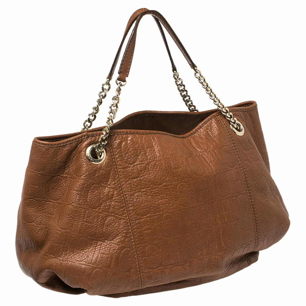 Carolina Herrera Brown Embossed Monogram Leather Chain Hobo Women