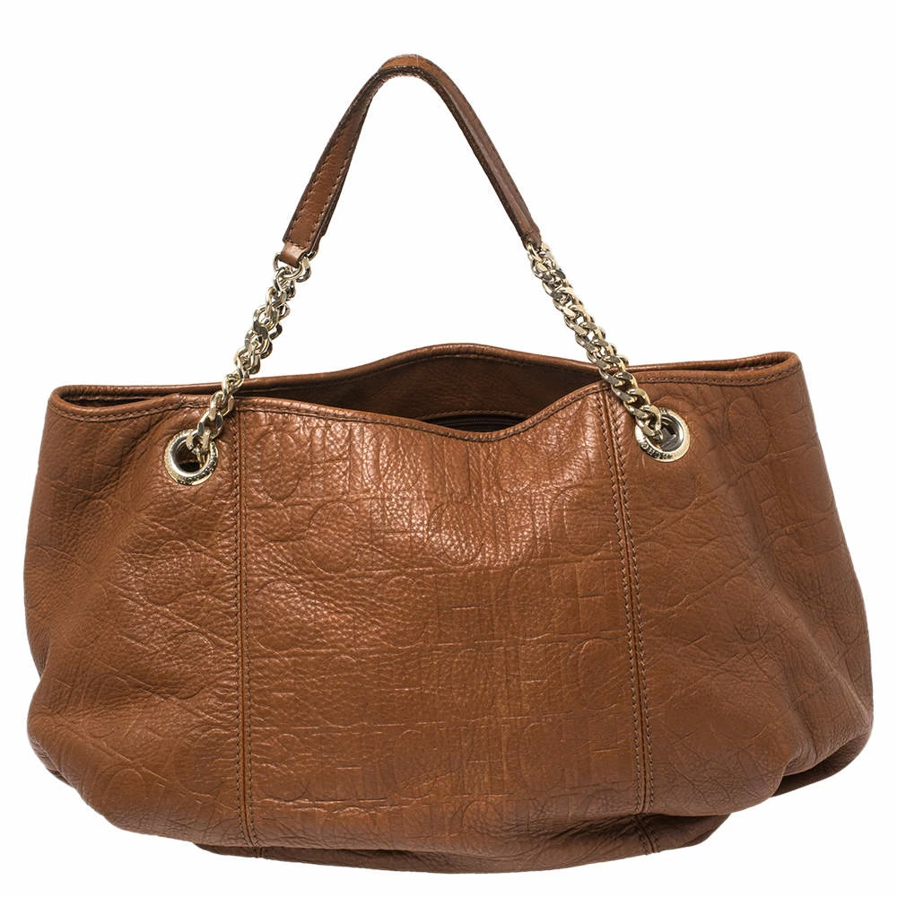 Carolina Herrera Brown Embossed Monogram Leather Chain Hobo Women
