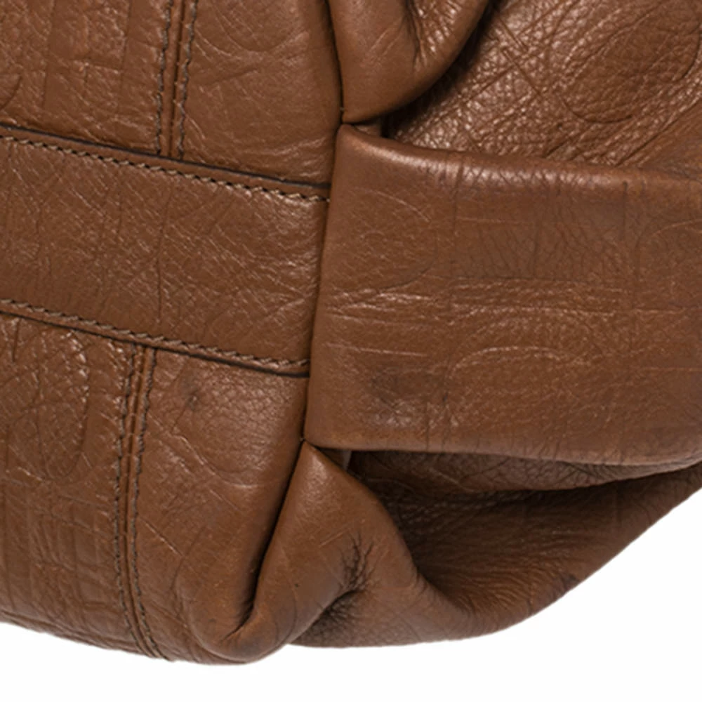Carolina Herrera Brown Embossed Monogram Leather Chain Hobo Women