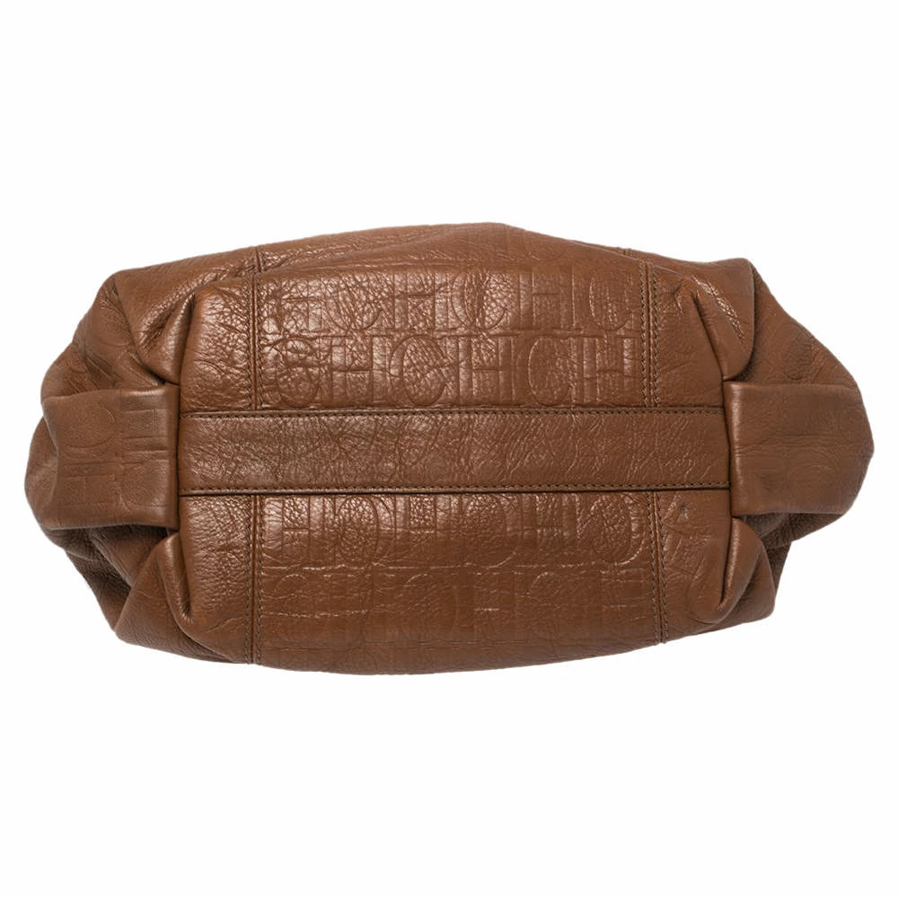 Carolina Herrera Brown Embossed Monogram Leather Chain Hobo Women