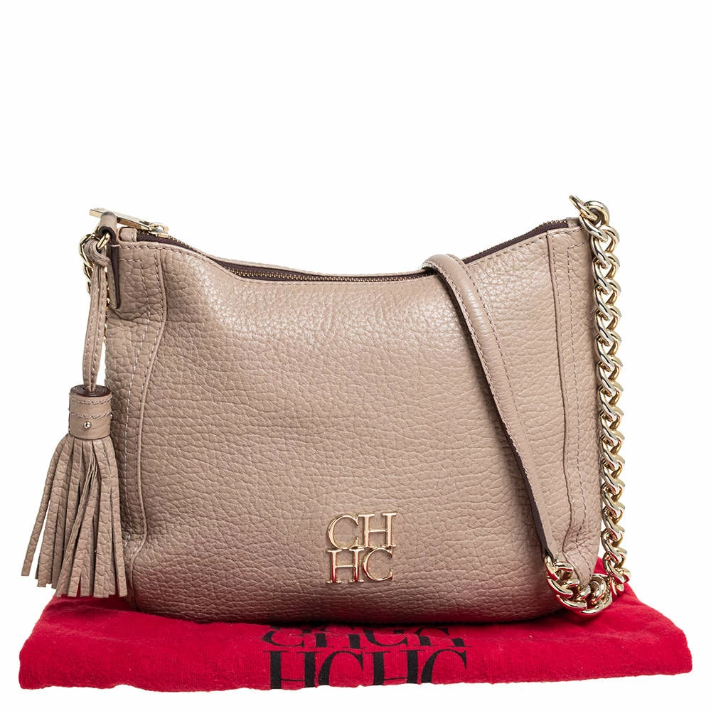 Carolina Herrera Beige Leather Chain Tassel Shoulder Bag Women