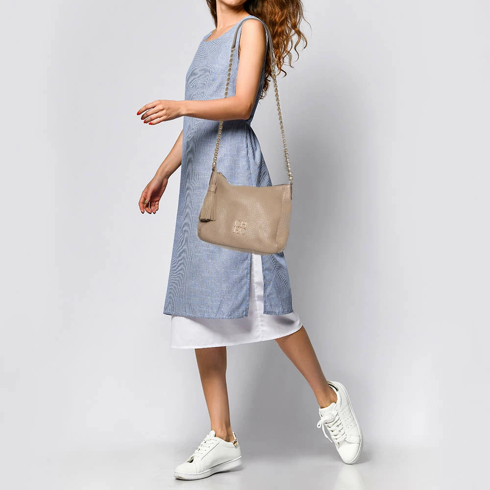 Carolina Herrera Beige Leather Chain Tassel Shoulder Bag Women