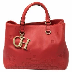 Carolina Herrera Red Leather Logo Embossed Charm Tote Women