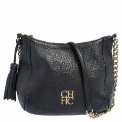 Carolina Herrera Black Leather Chain Tassel Shoulder Bag Women