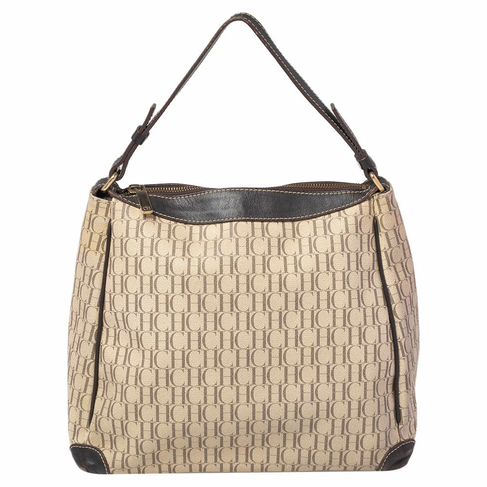 Carolina Herrera Brown/Beige Monogram Canvas and Leather Hobo Women