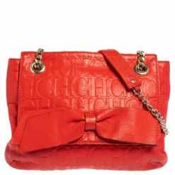 Carolina Herrera Red Monogram Leather Audrey Shoulder Bag Women