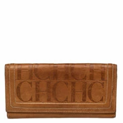Carolina Herrera Brown Monogram Leather Trifold Wallet Women - Tan