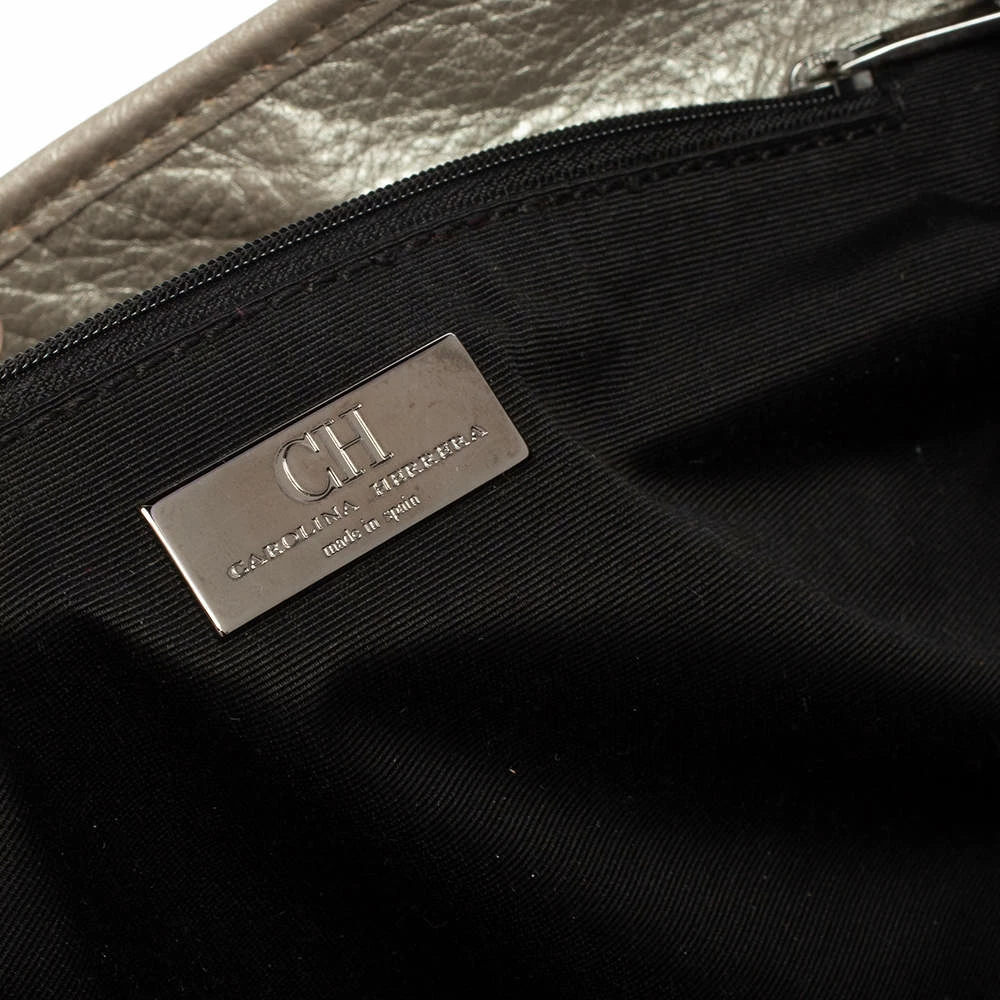 Carolina Herrera Metallic Grey Monogram Embossed Leather Chain Hobo Women