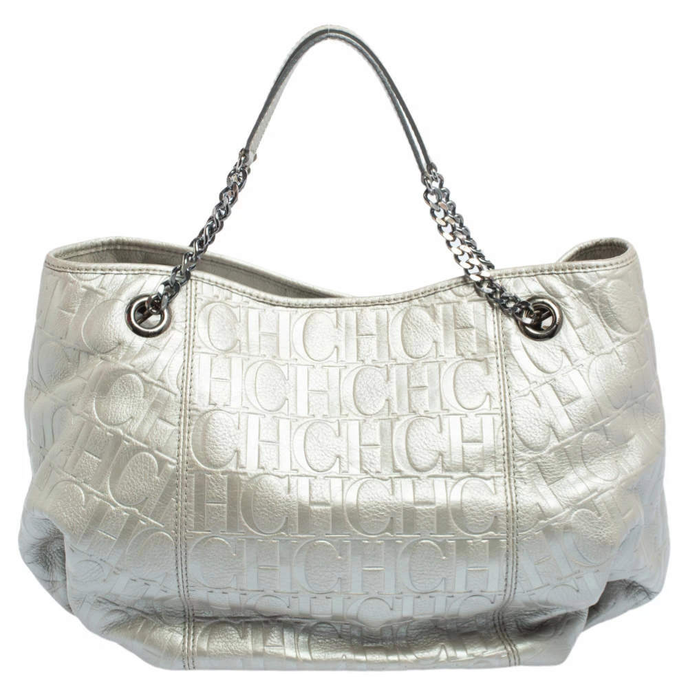 Carolina Herrera Metallic Grey Monogram Embossed Leather Chain Hobo Women