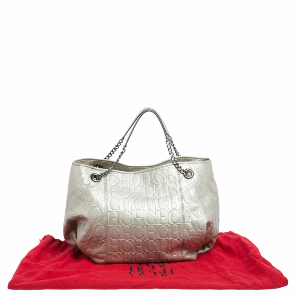 Carolina Herrera Metallic Grey Monogram Embossed Leather Chain Hobo Women