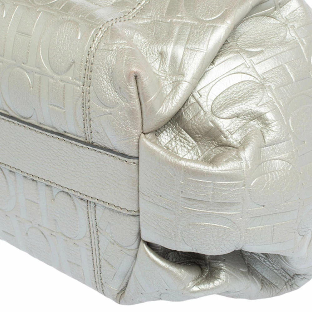 Carolina Herrera Metallic Grey Monogram Embossed Leather Chain Hobo Women