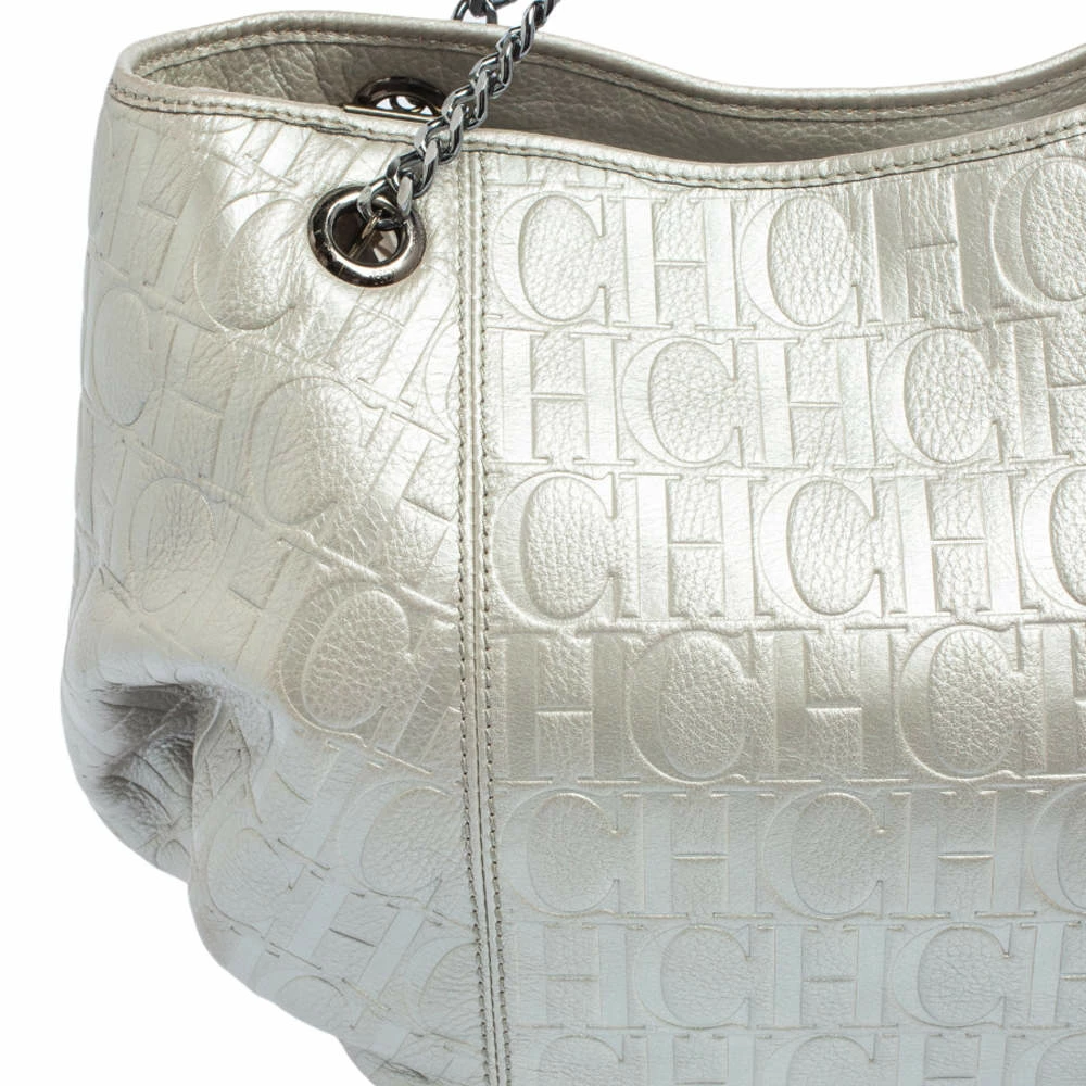 Carolina Herrera Metallic Grey Monogram Embossed Leather Chain Hobo Women