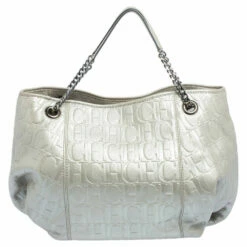 Carolina Herrera Metallic Grey Monogram Embossed Leather Chain Hobo Women