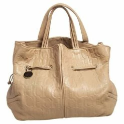 Carolina Herrera Beige Monogram Embossed Leather Drawstring Tote Women